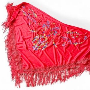 Vintage 70s Fringe Shawl Wrap Folk Embroidered Hippie Boho Festival